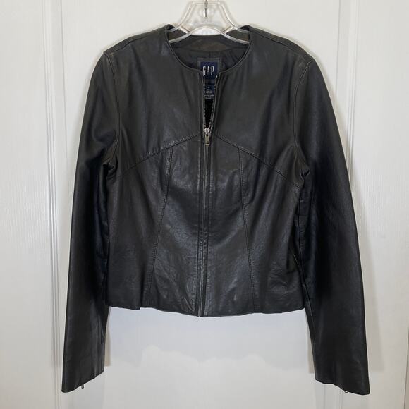Gap VINTAGE Y2K Leather Bomber Jacket Zip Front Black M - Picture 1 of 6